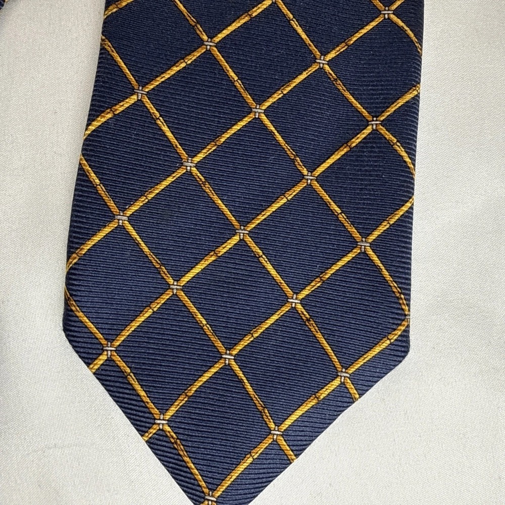 Burberry of London 100% Silk Mens Blue Gold Geometric Lattice Bamboo Plaid Tie - Picture 2 of 7